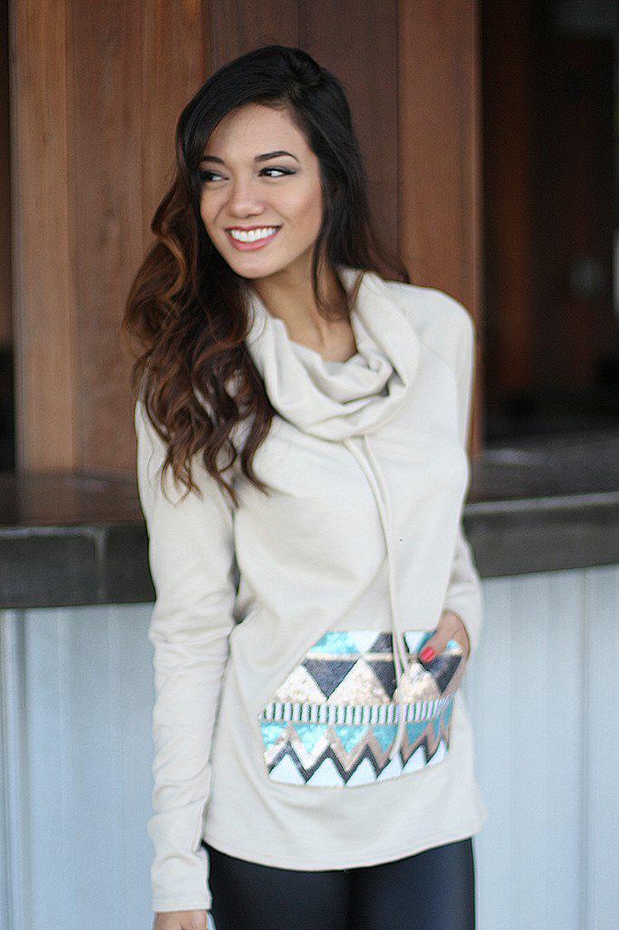 Taupe Sequin Cowl Sweater