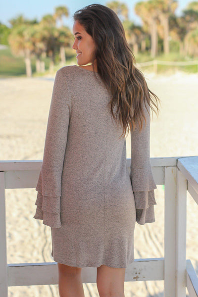 Taupe Short Dress with Ruffle Bell Sleeves