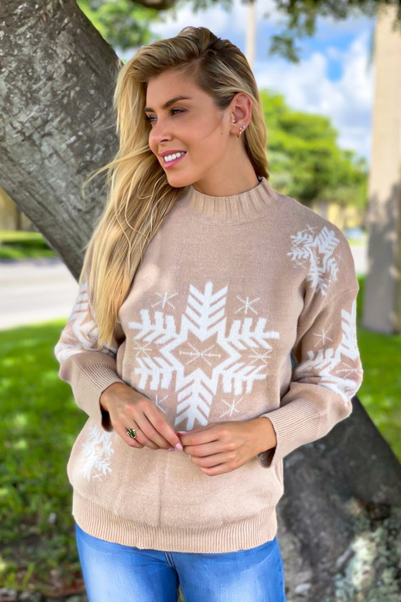 Taupe Snowflake Printed Sweater