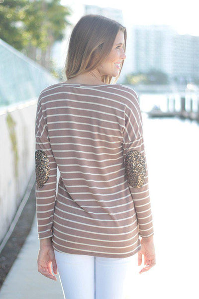 Taupe Striped Top With Sequin Elbow Patches