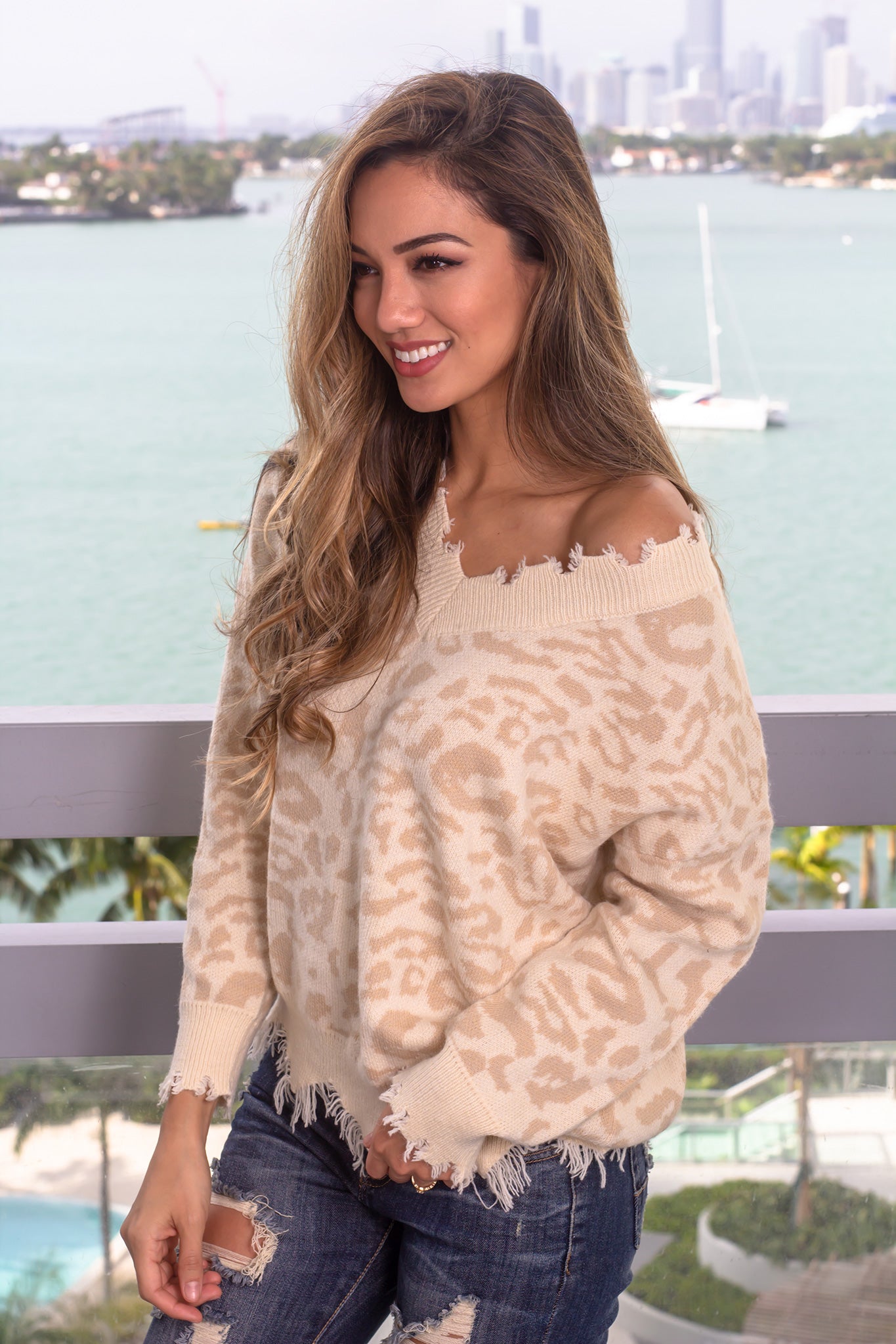 Taupe Sweater with Leopard Detail