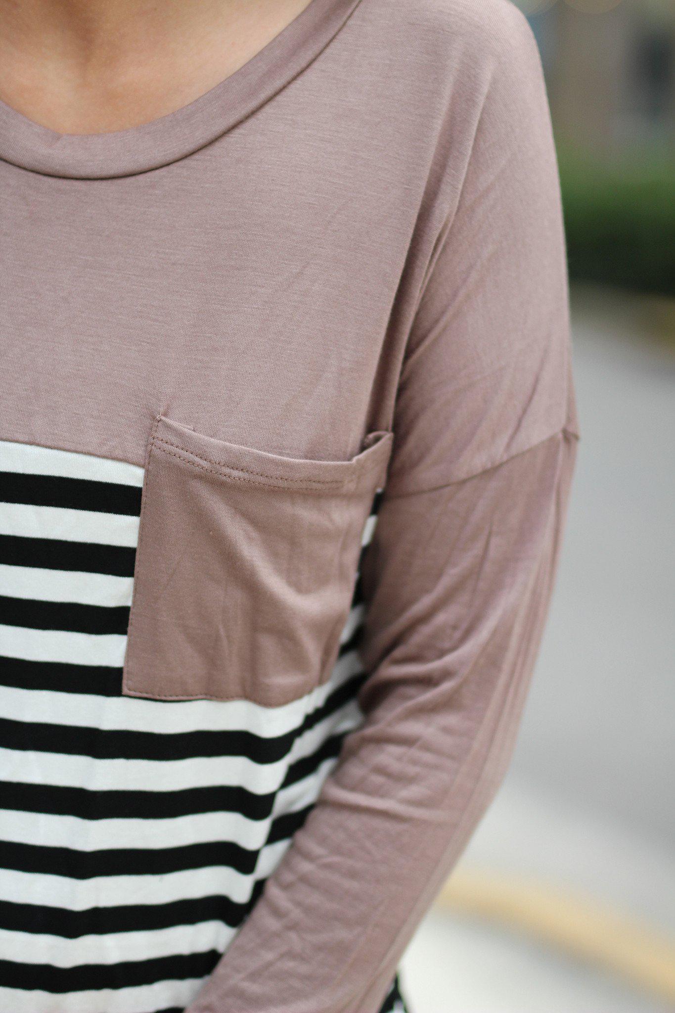 Taupe Striped Top with Pocket