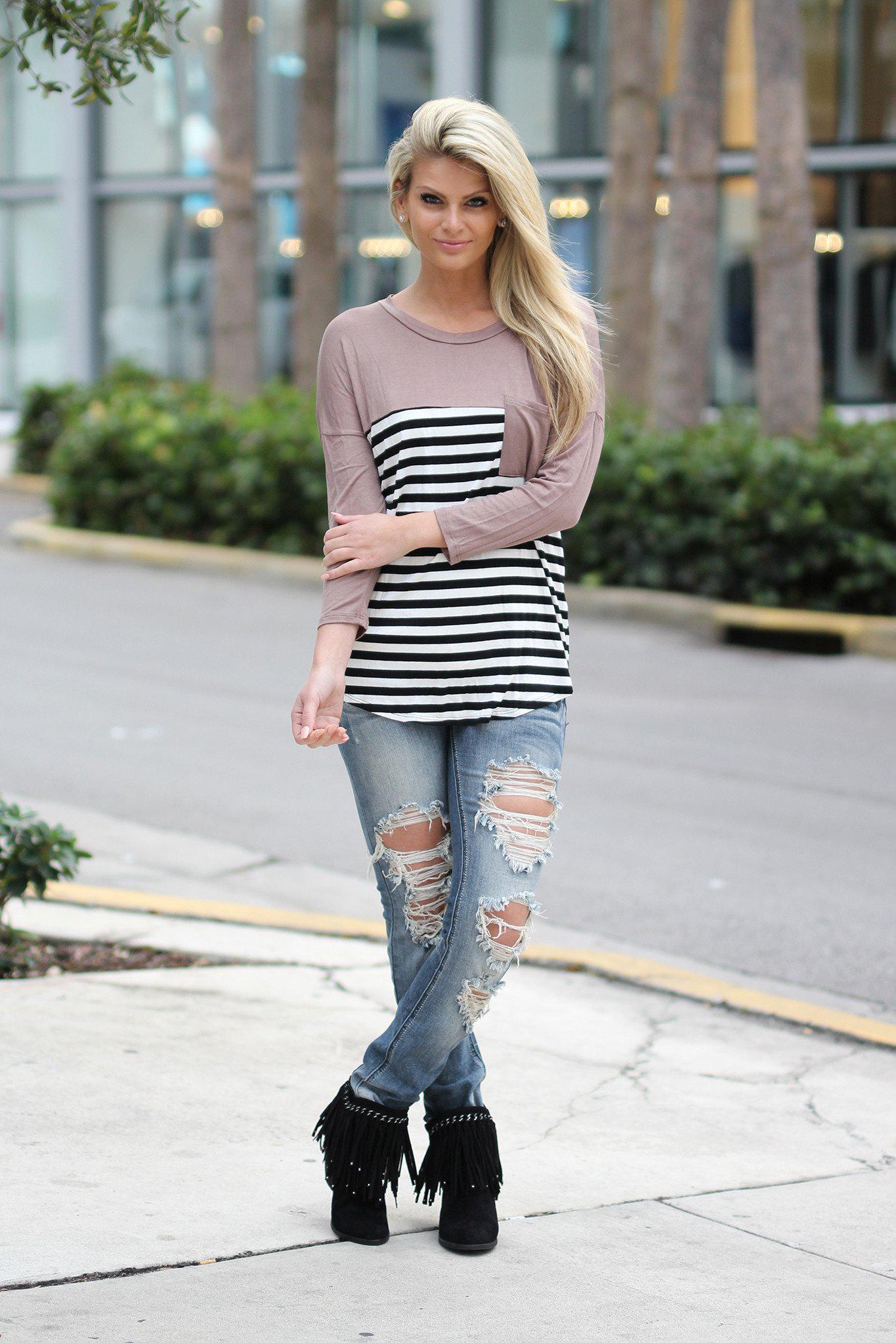 Taupe Striped Top with Pocket