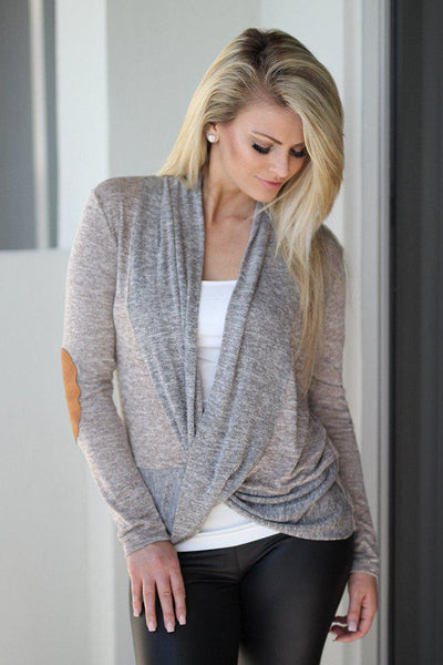 Taupe Wrap Top with Elbow Patches