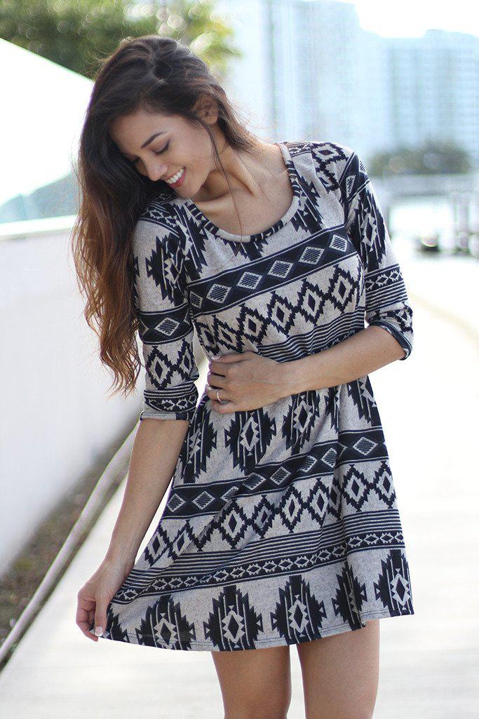 Taupe and Black Printed Short Dress