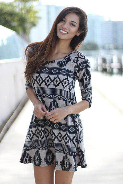 Taupe and Black Printed Short Dress