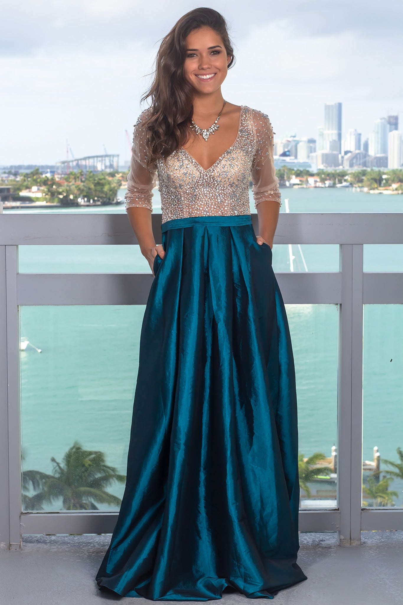 Teal Jeweled Top Maxi Dress with Pockets