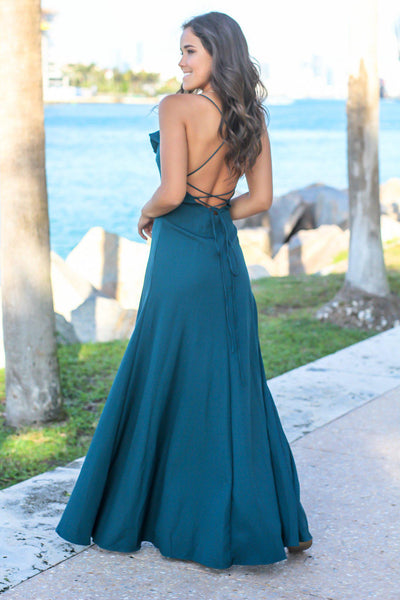 Teal Ruffled Maxi Dress with Lace Up Back