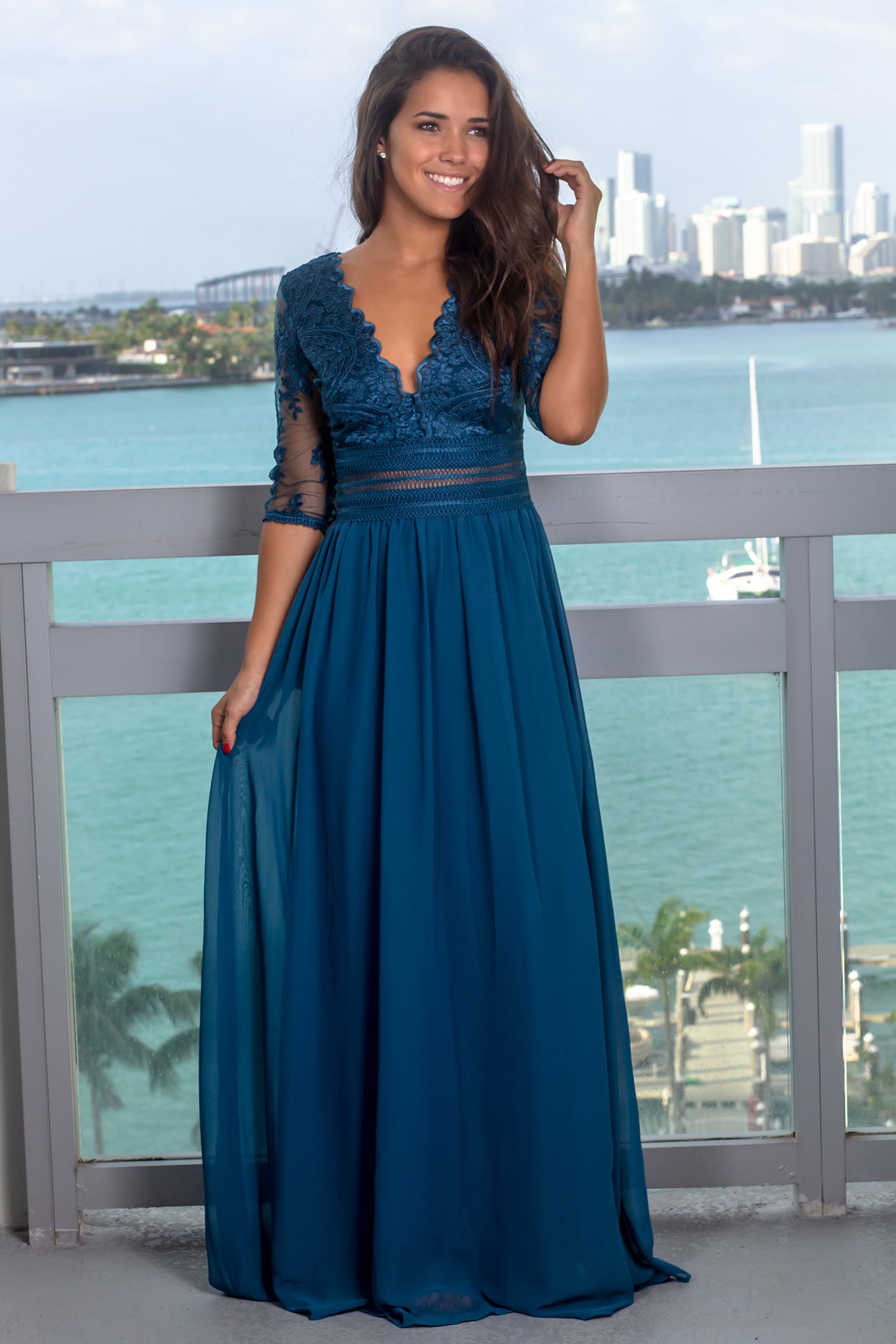 Teal V-Neck Maxi Dress with Mesh Embroidered Sleeves