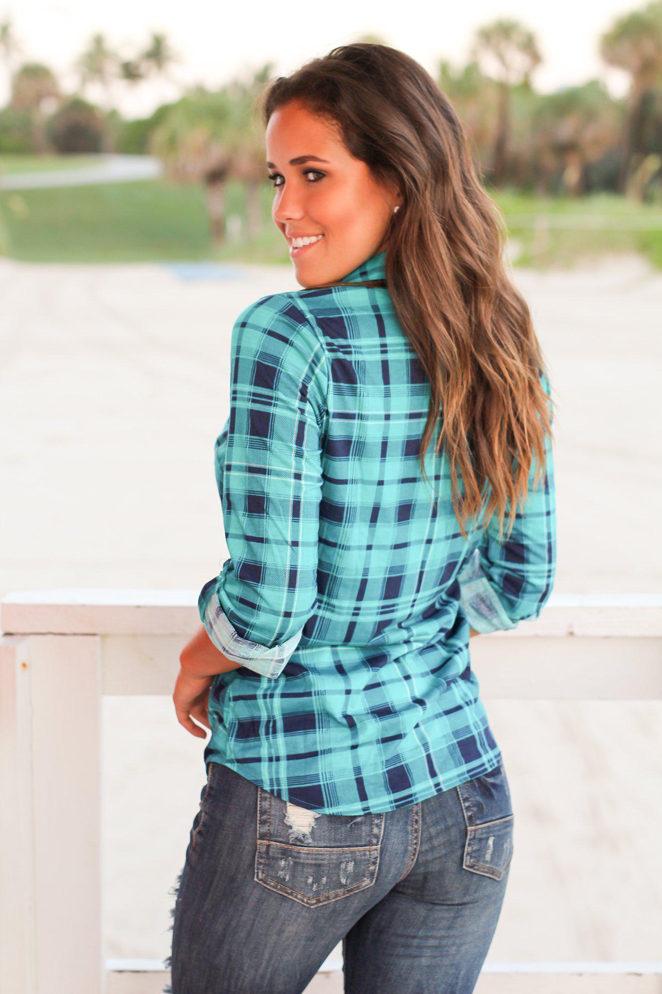 Teal and Navy Plaid Top