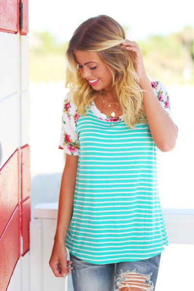 Mint Striped Top with Floral Sleeves