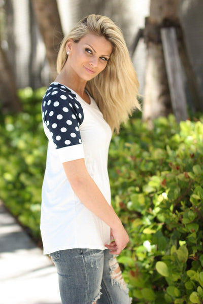 White and Navy Top Polka Dot Sleeves