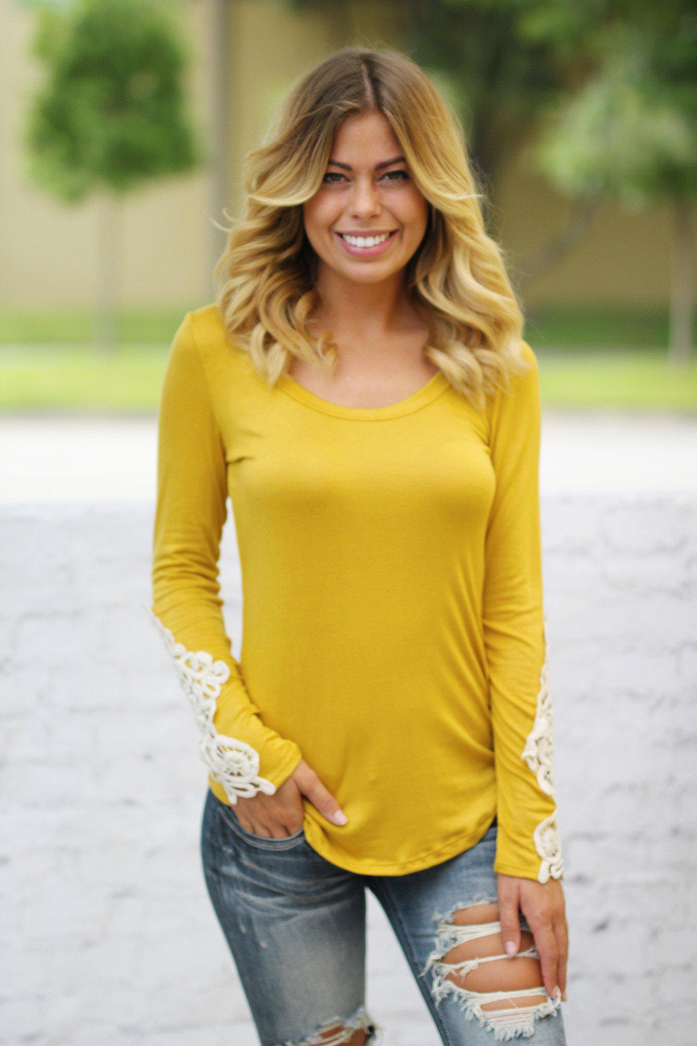 Mustard Top With Crochet Sleeves