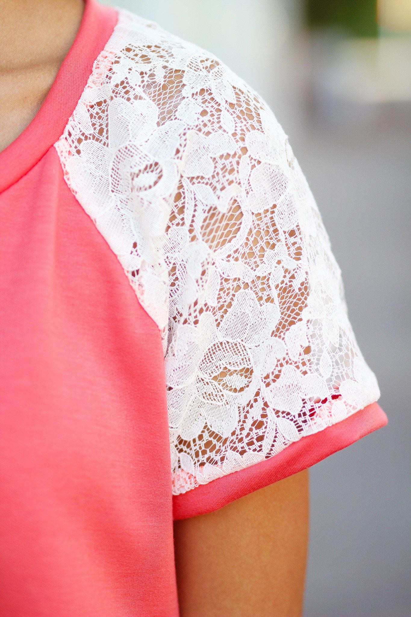 Coral Tee with Lace Sleeves