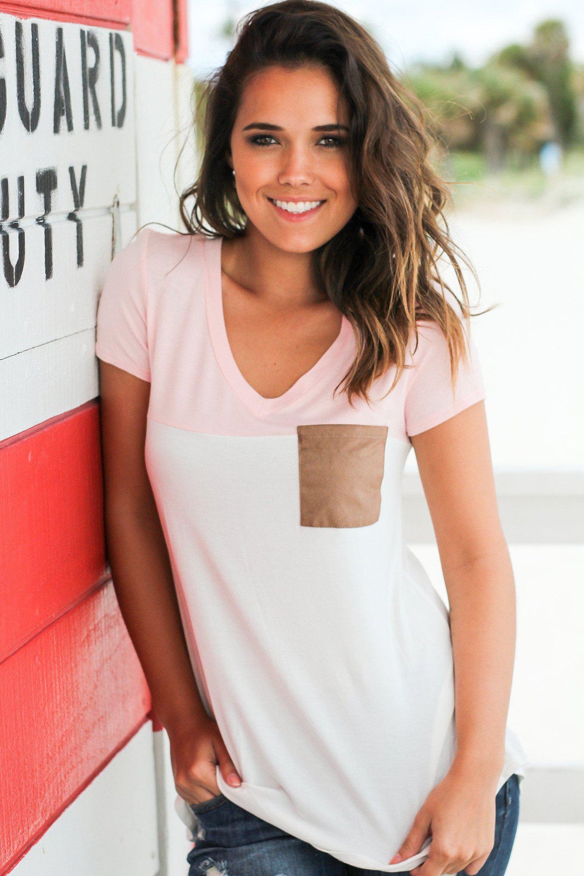 Baby Pink and Ivory Top with Suede Pocket | Cute Tops – Saved by the Dress