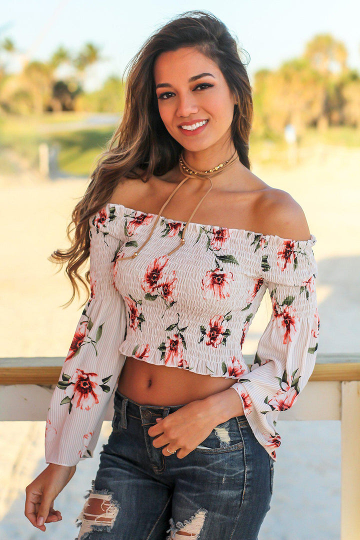 Taupe Off Shoulder Floral Top with Bell Sleeves | Cute Tops