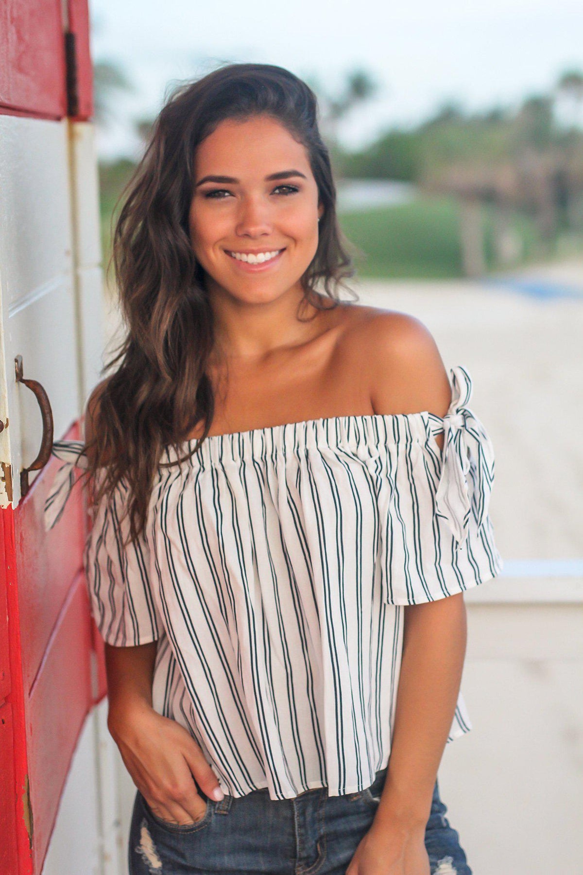 Navy Striped Off Shoulder Top | Cute Tops – Saved by the Dress