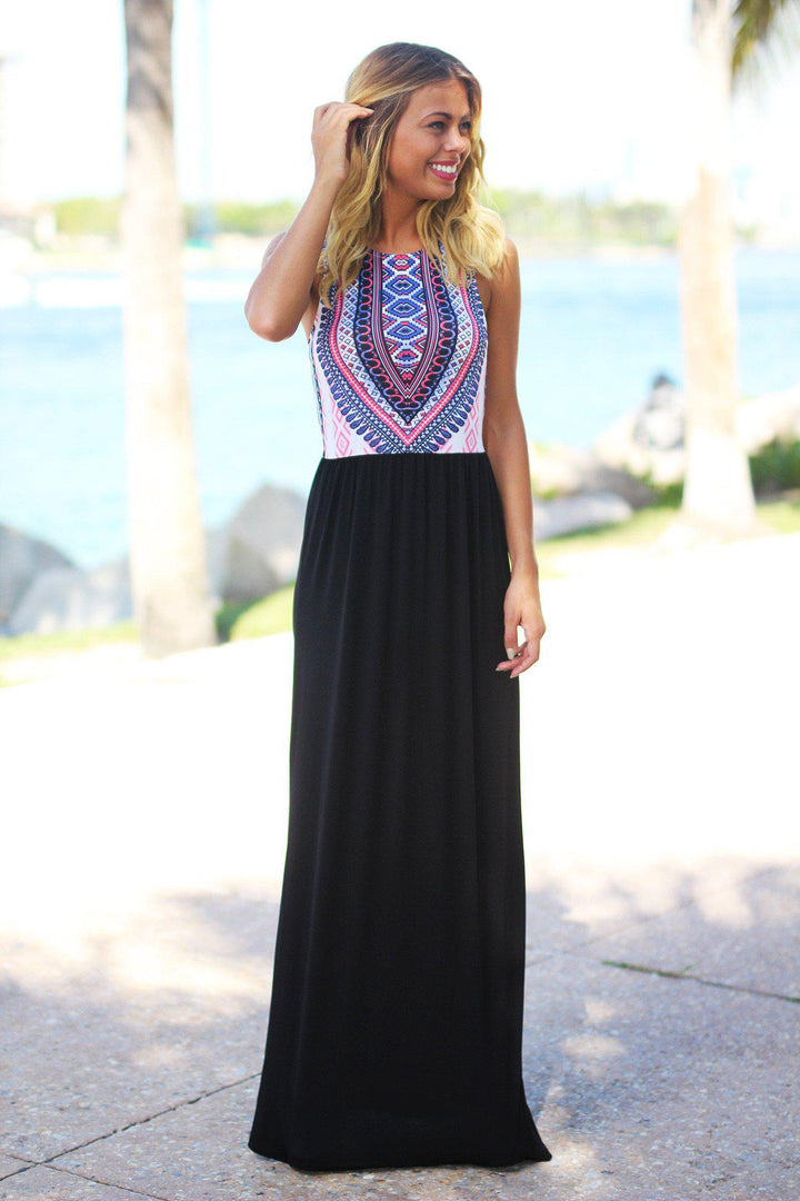 fitted lace wedding dress Black Tribal Maxi Dress with Cutout Back