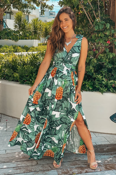 Tropical Printed Maxi Dress with Slits