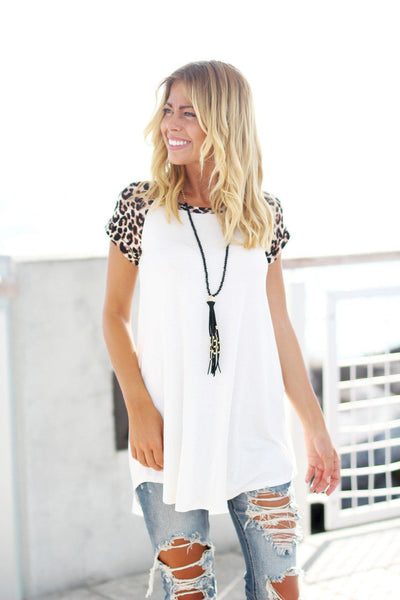 Ivory Tunic Top with Leopard Sleeves