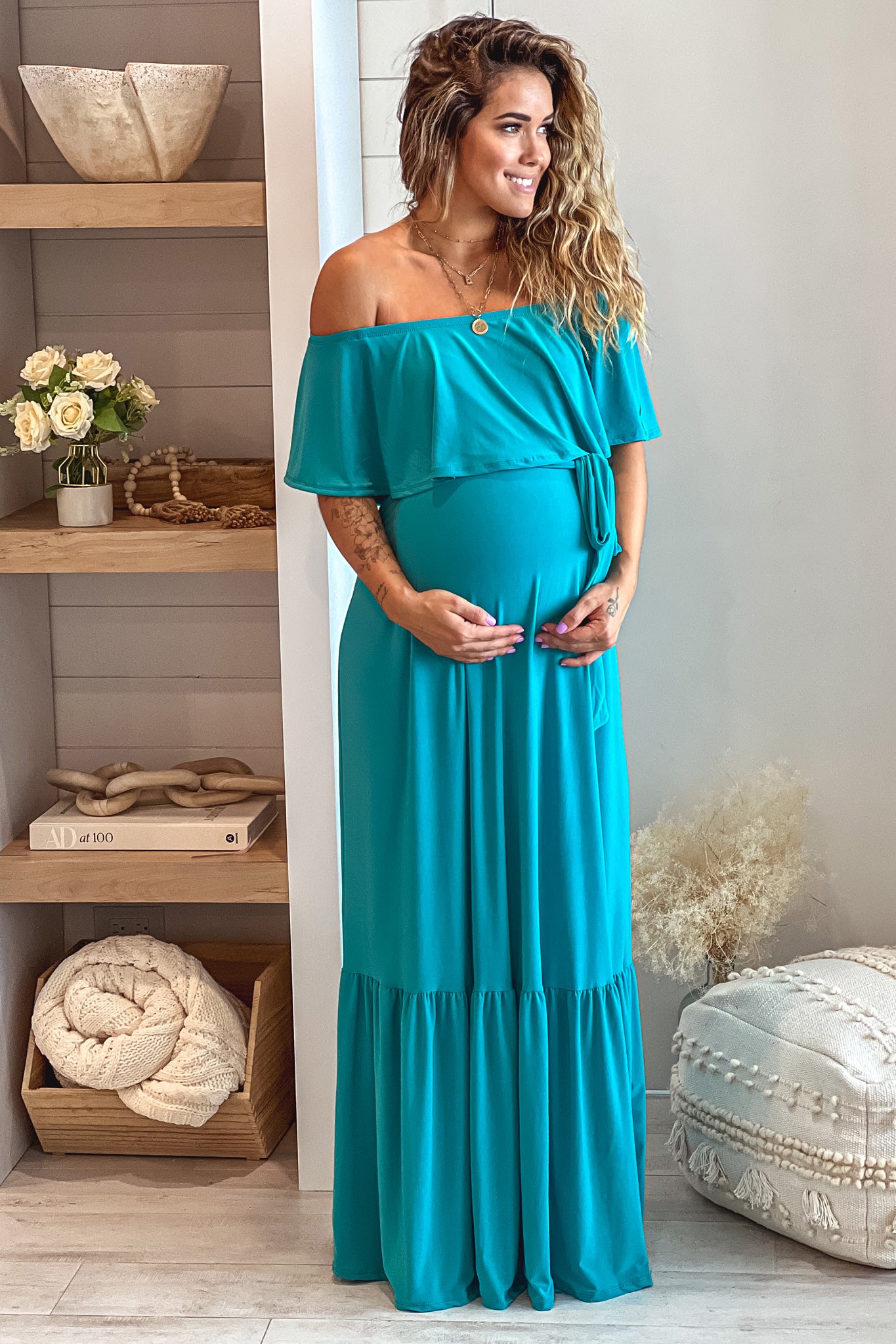 Turquoise Off Shoulder Maternity Maxi Dress