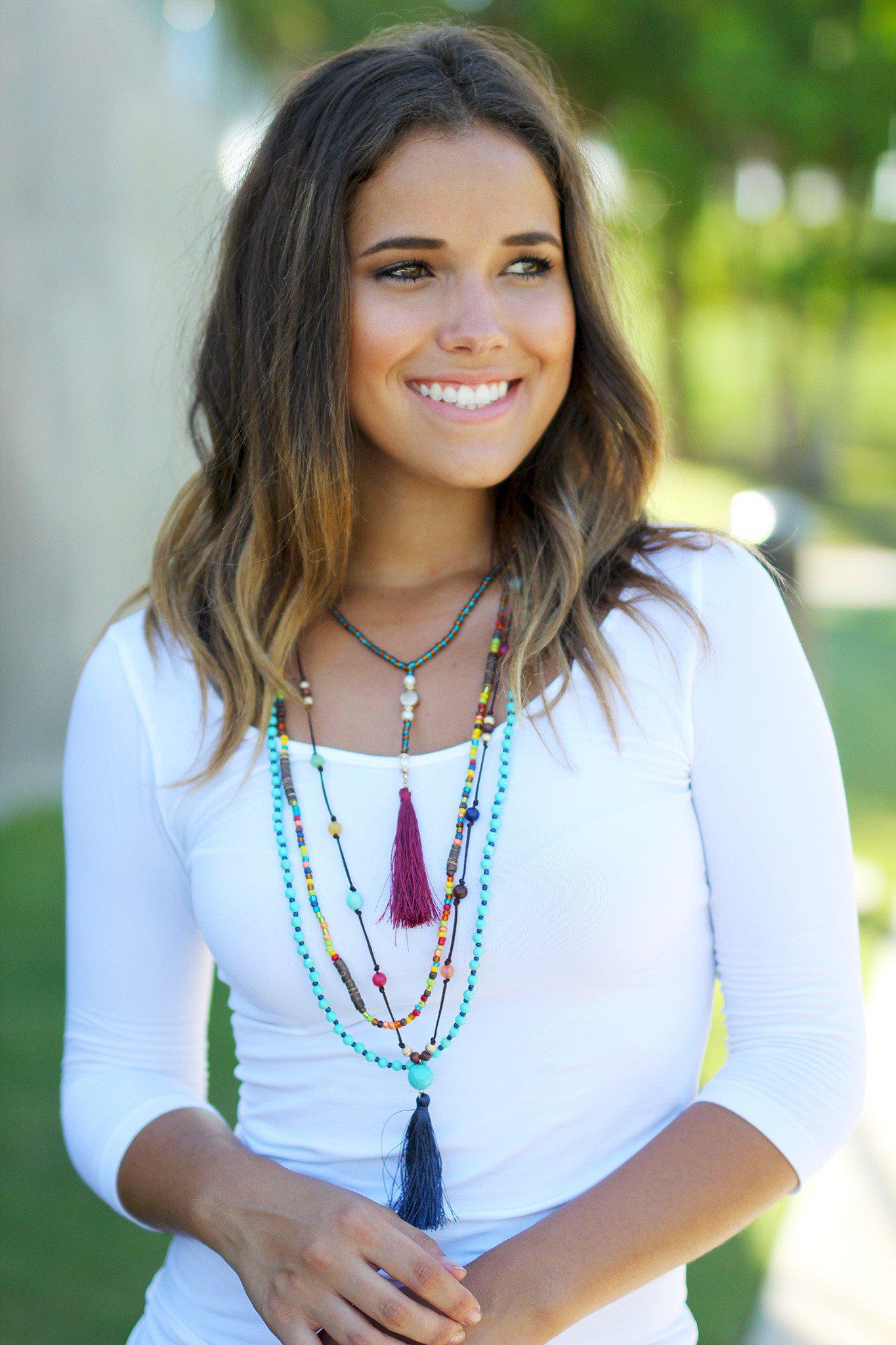 Turquoise Beaded Tassel Necklace