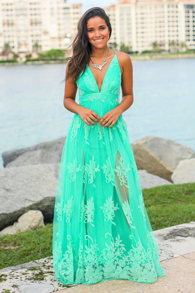 Turquoise Floral Tulle Maxi Dress with Criss Cross Back | Maxi Dresses ...