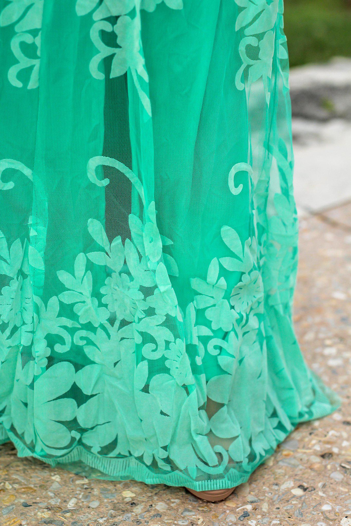 Turquoise Floral Tulle Maxi Dress with Criss Cross Back