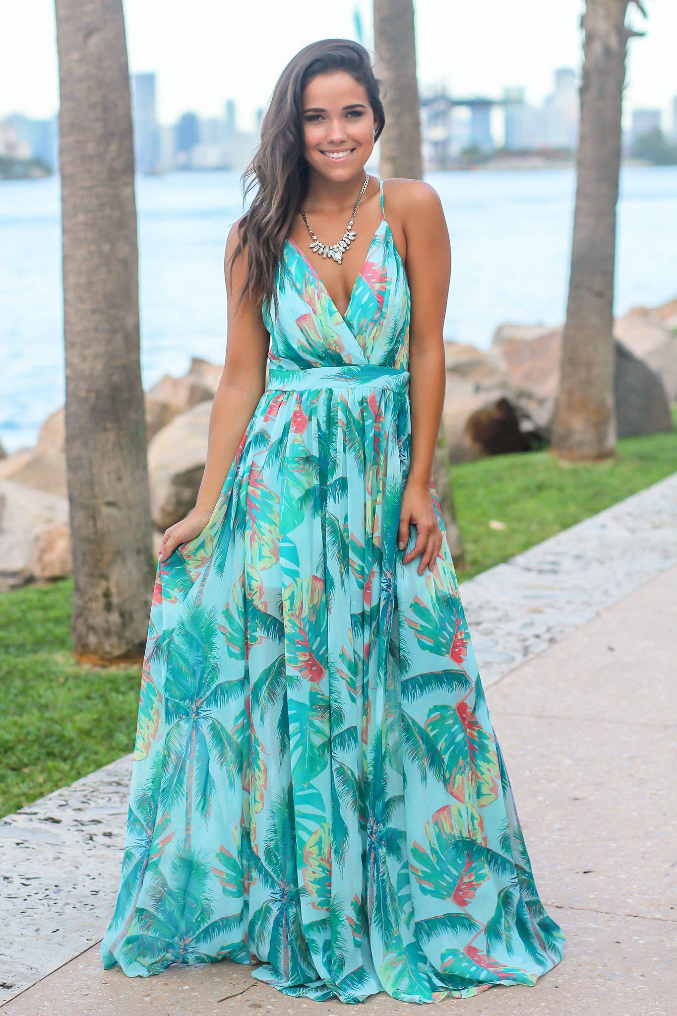 Turquoise Tropical Print Maxi Dress | Maxi Dresses – Saved by the Dress