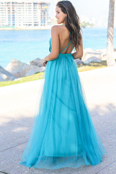 Turquoise Tulle Maxi Dress with Lace Detail