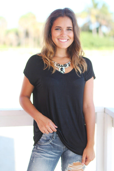 Black V-Neck Top with Rolled Sleeves