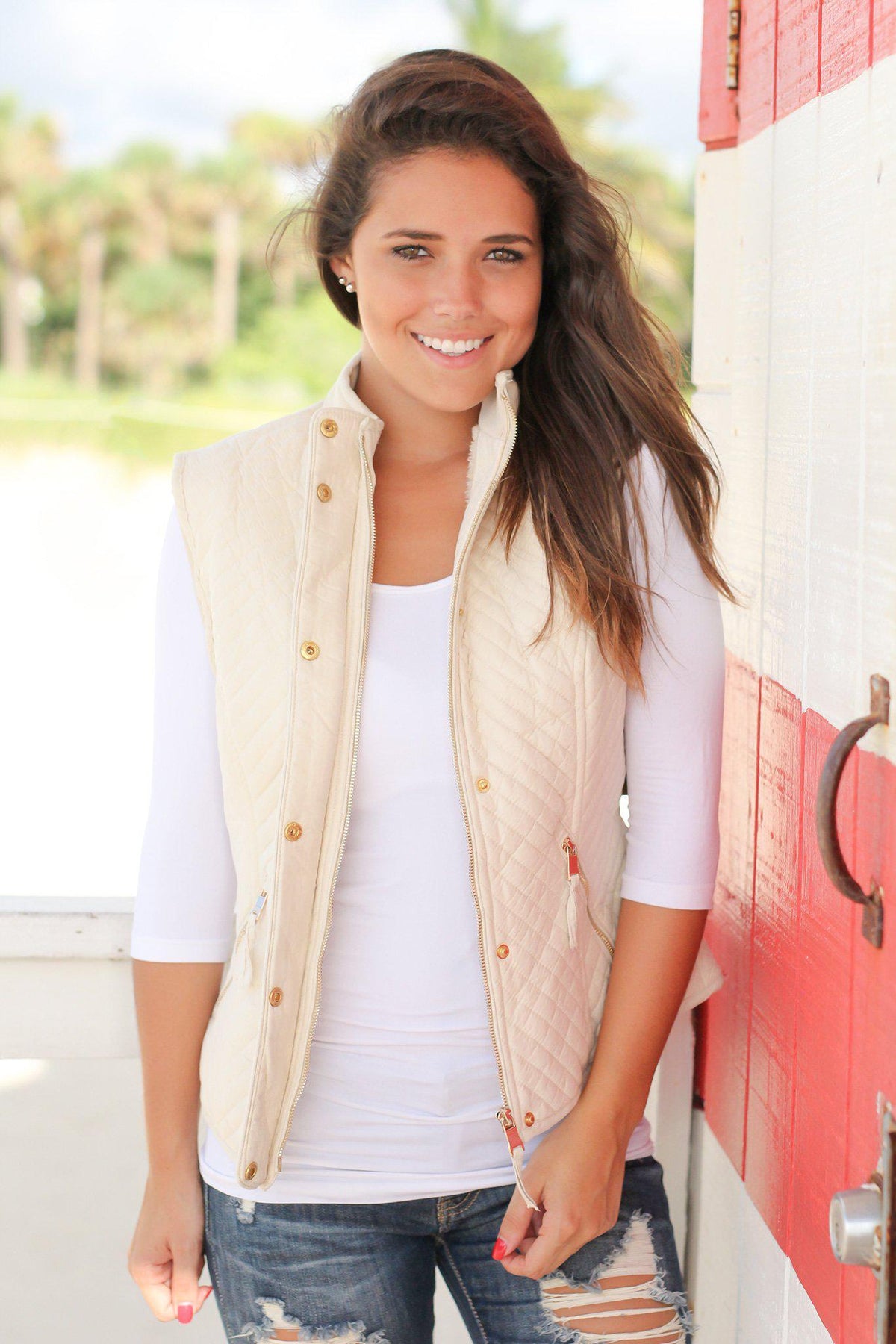Beige Quilted Vest with Fur Lining | Vests – Saved by the Dress