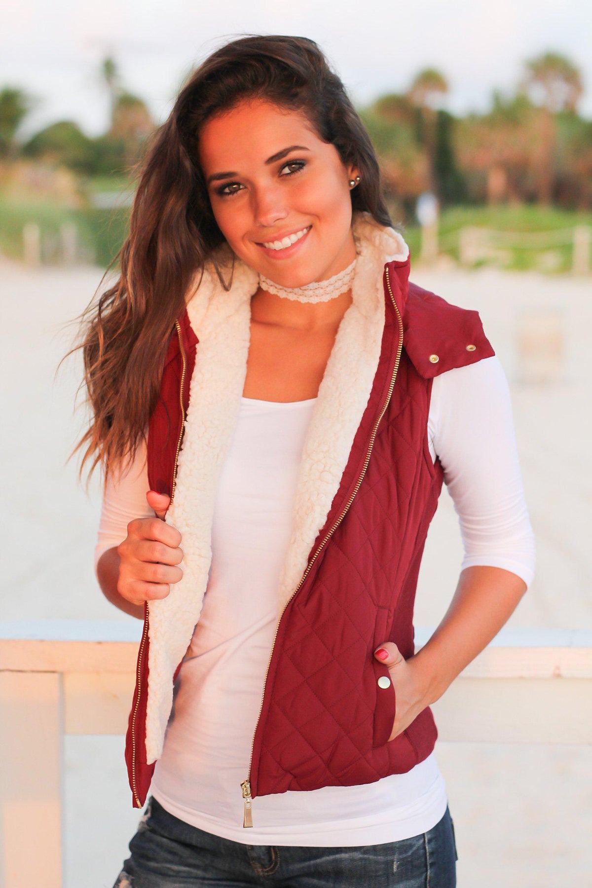 Burgundy Quilted Vest with Fur Collar | Vests – Saved by the Dress