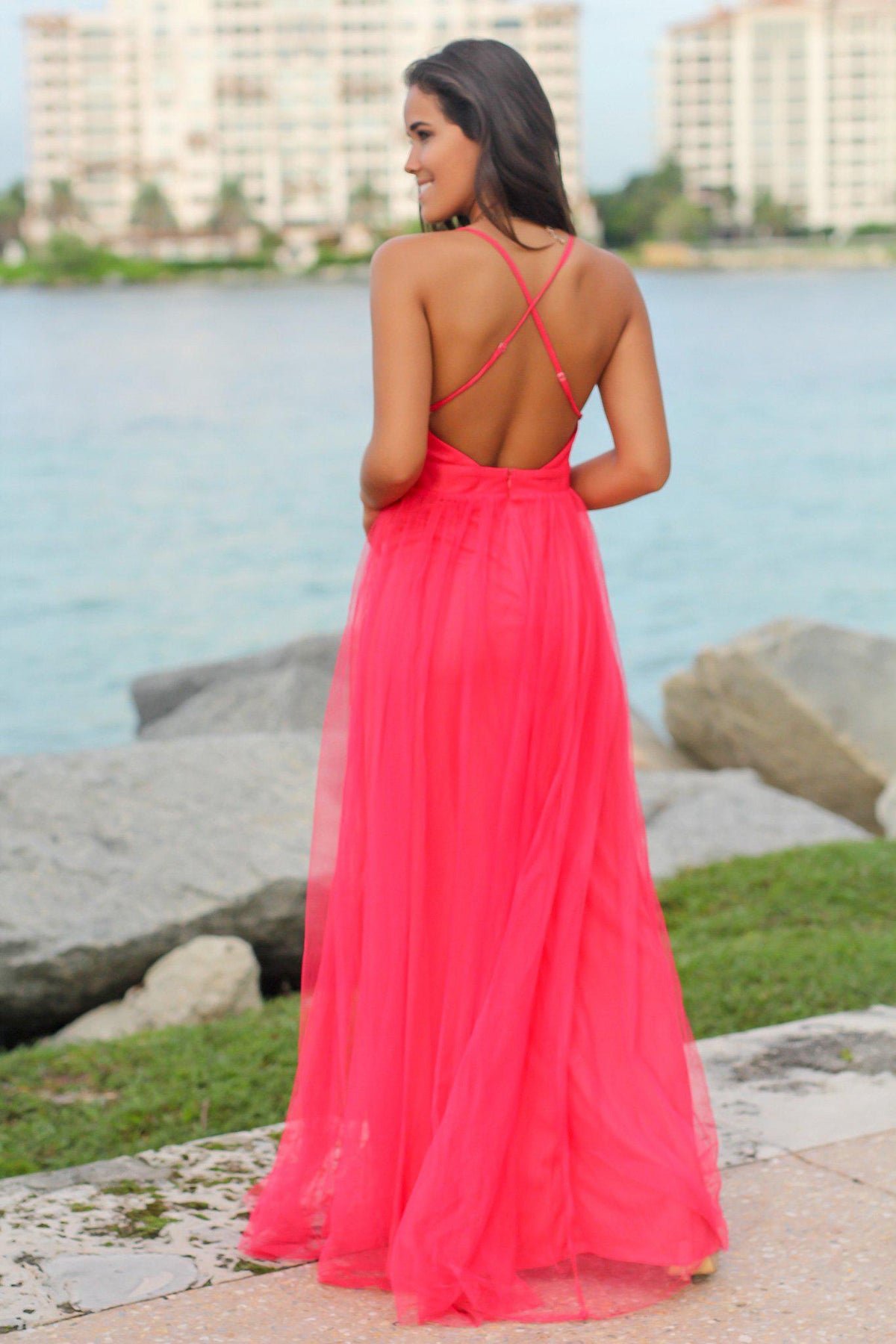 Watermelon Cold Shoulder Overlay Maxi Dress