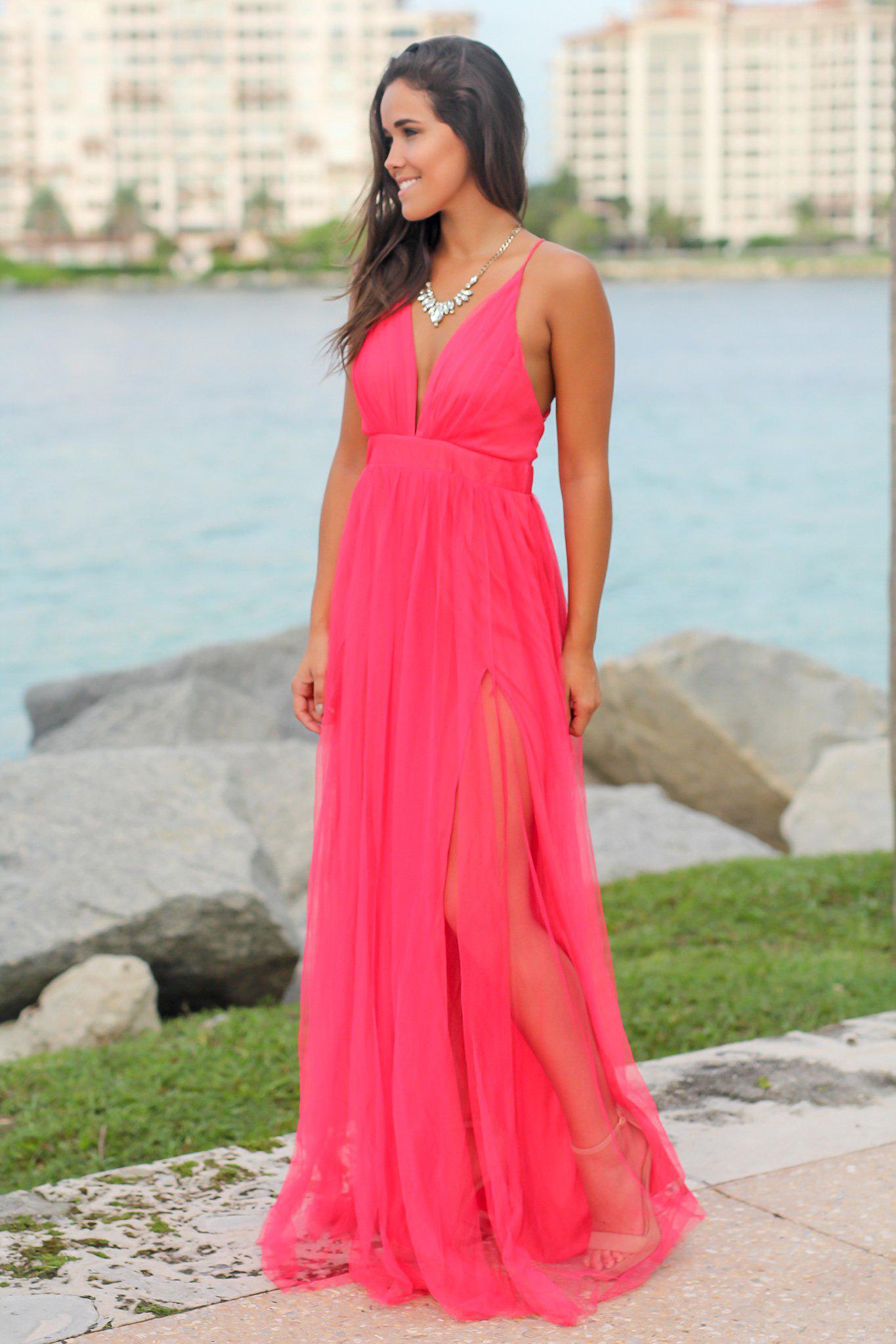 Watermelon V-Neck Tulle Maxi Dress with Criss Cross Back