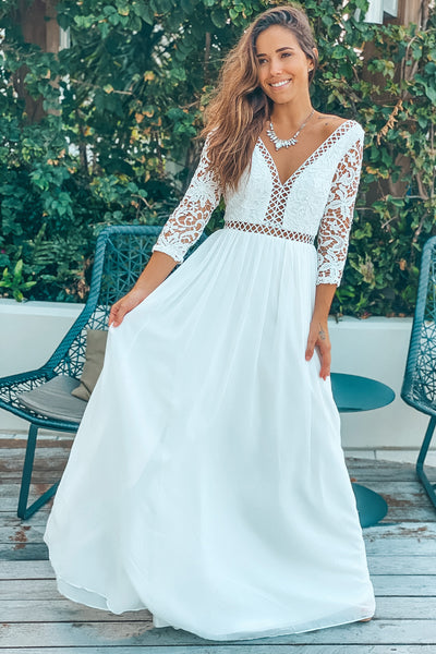 White Crochet Top Maxi Dress with Sleeves