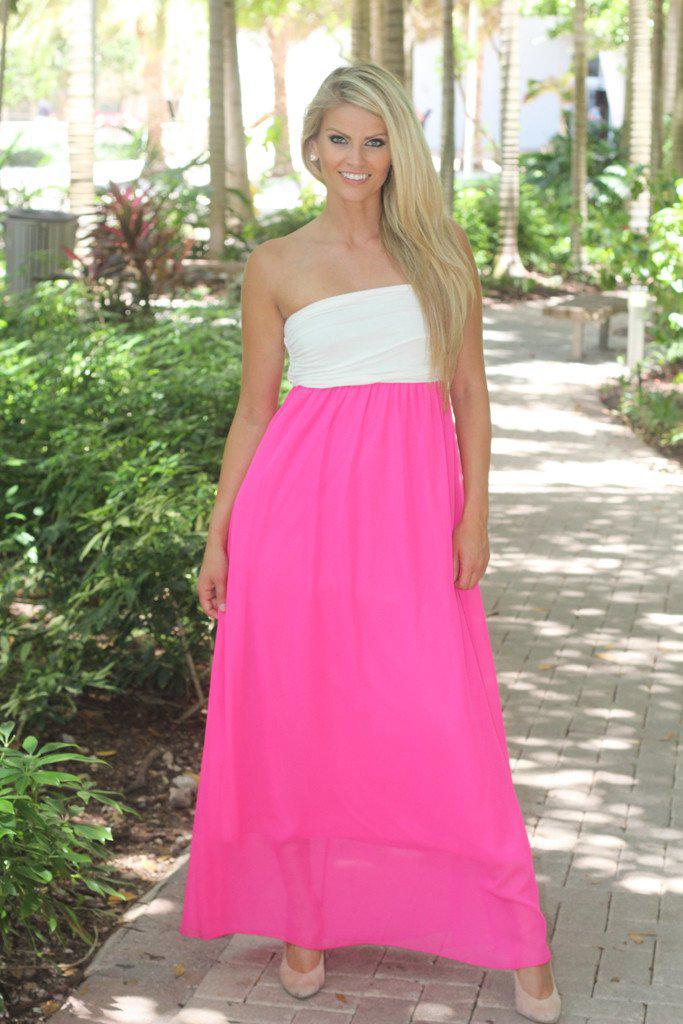 White And Hot Pink Strapless Maxi Dress