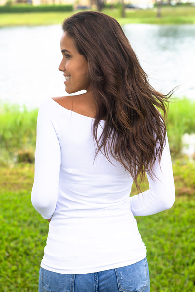White Boat Neck Top with 3.4 Sleeves