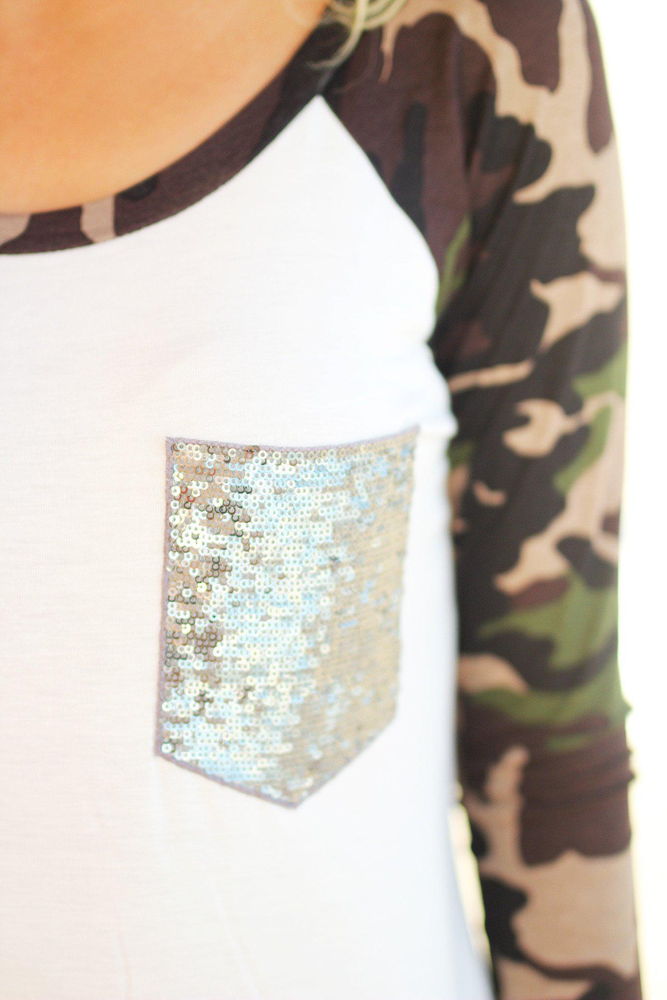 Ivory Camo Top with Sequined Pocket