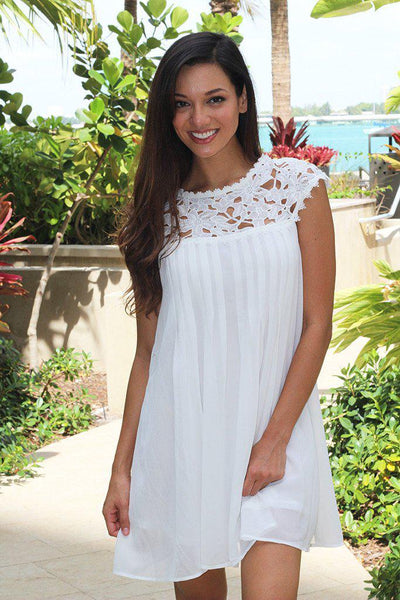 White Pleated Dress with Crochet Neck