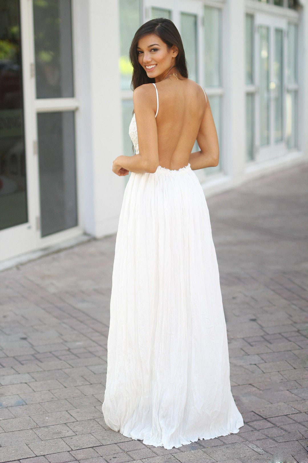 slim fit dress slacks White Lace Maxi Dress with Open Back and Frayed Hem