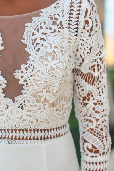 White Crochet Top Maxi Dress with 3/4 Sleeves and Side Slit