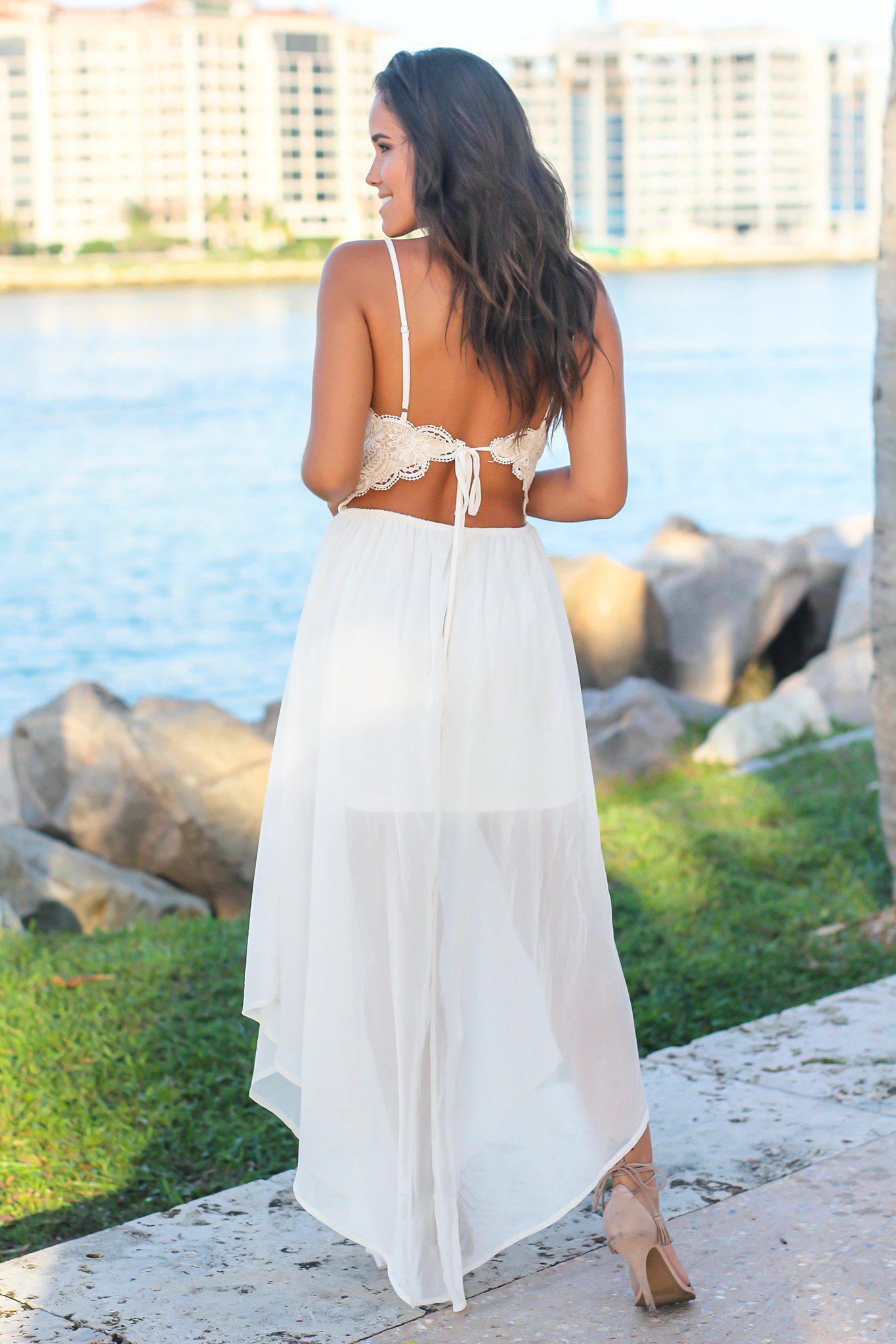 White Crochet Top Maxi Dress with Open Back and Slits