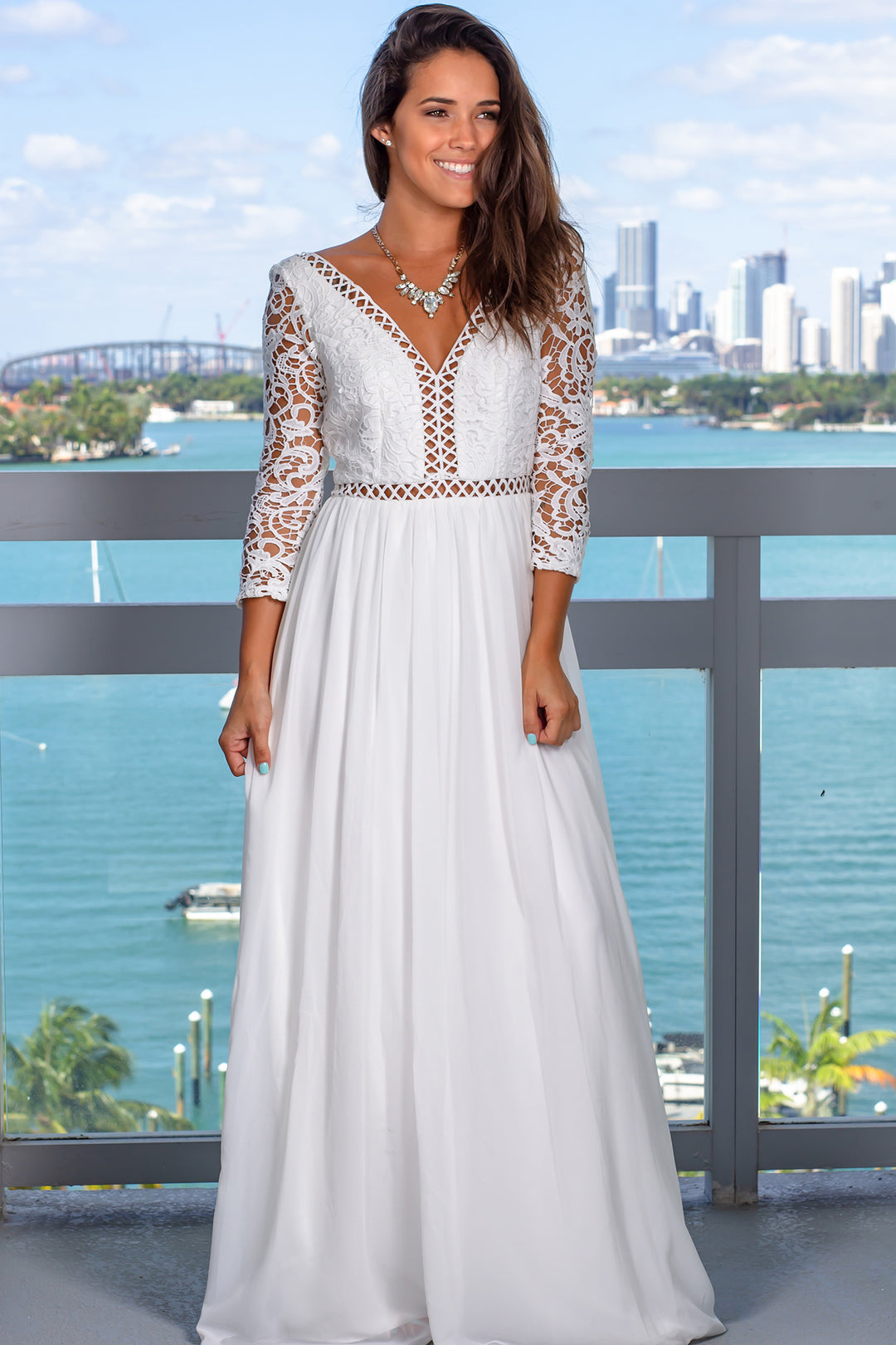 White Crochet Top Maxi Dress with Sleeves