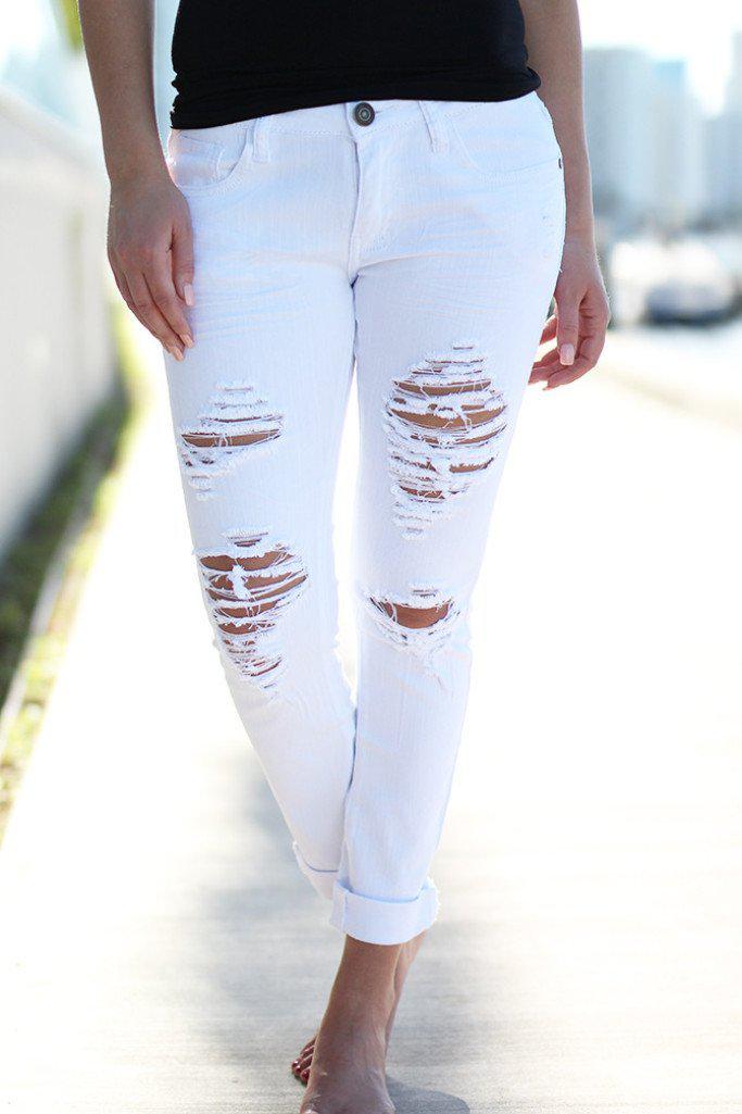 White Distressed Capri Jeans
