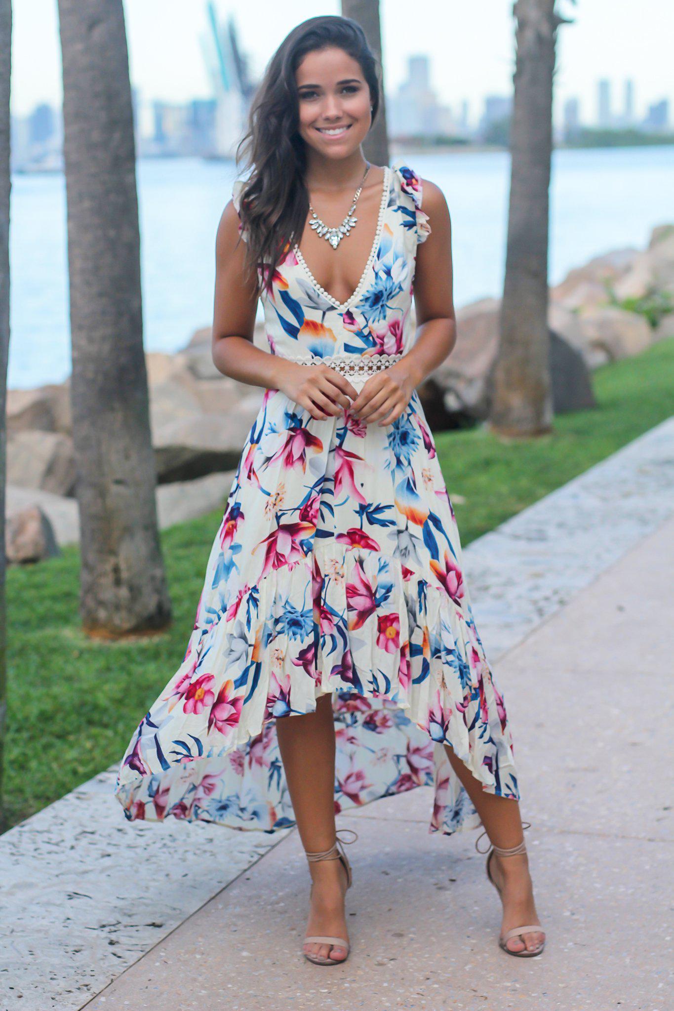 White Floral High Low Dress with Crochet Open Back Detail