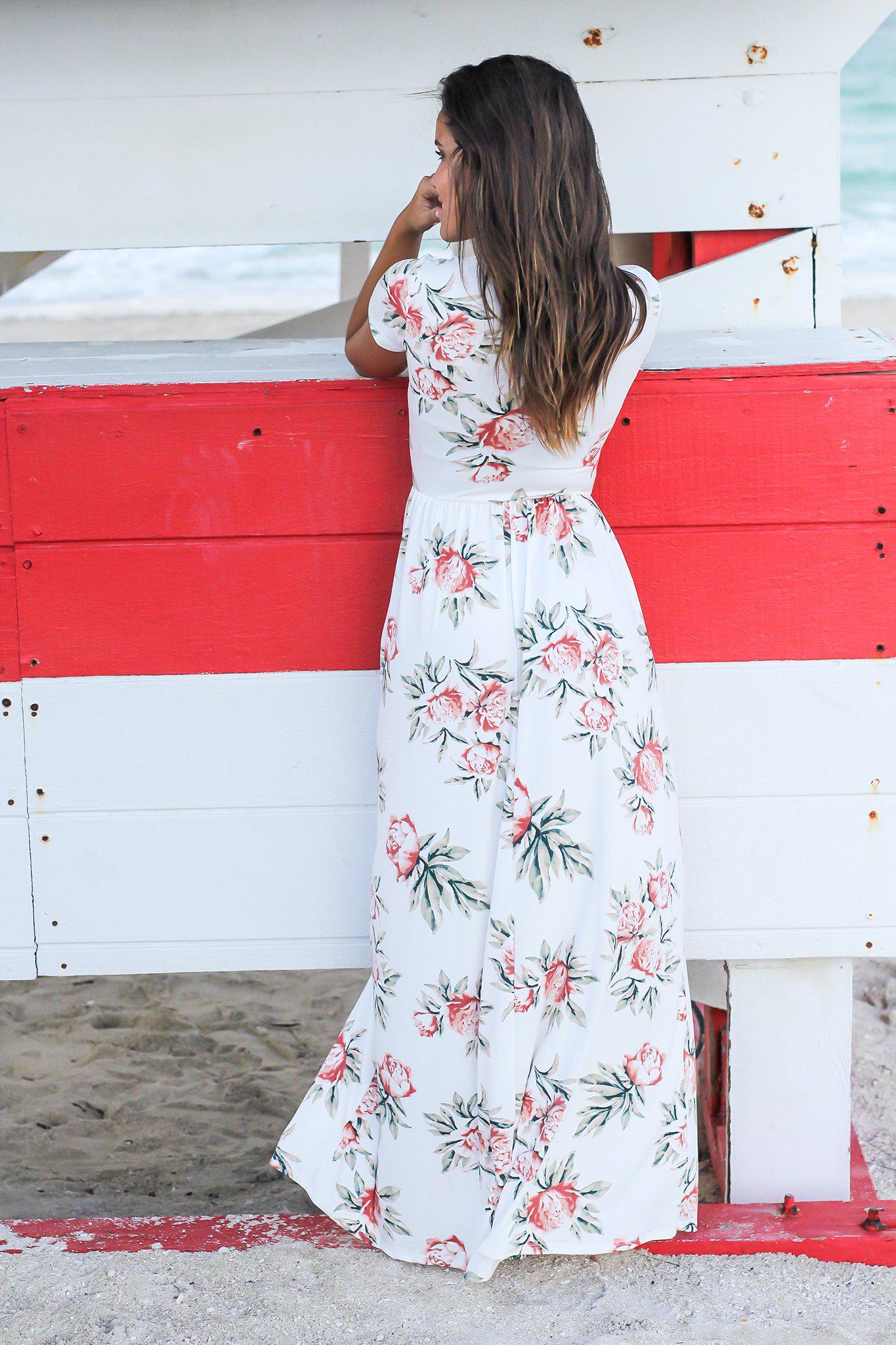 White Floral Maxi Dress with Short Sleeves
