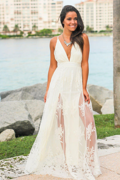 White Floral Tulle Maxi Dress with Criss Cross Back