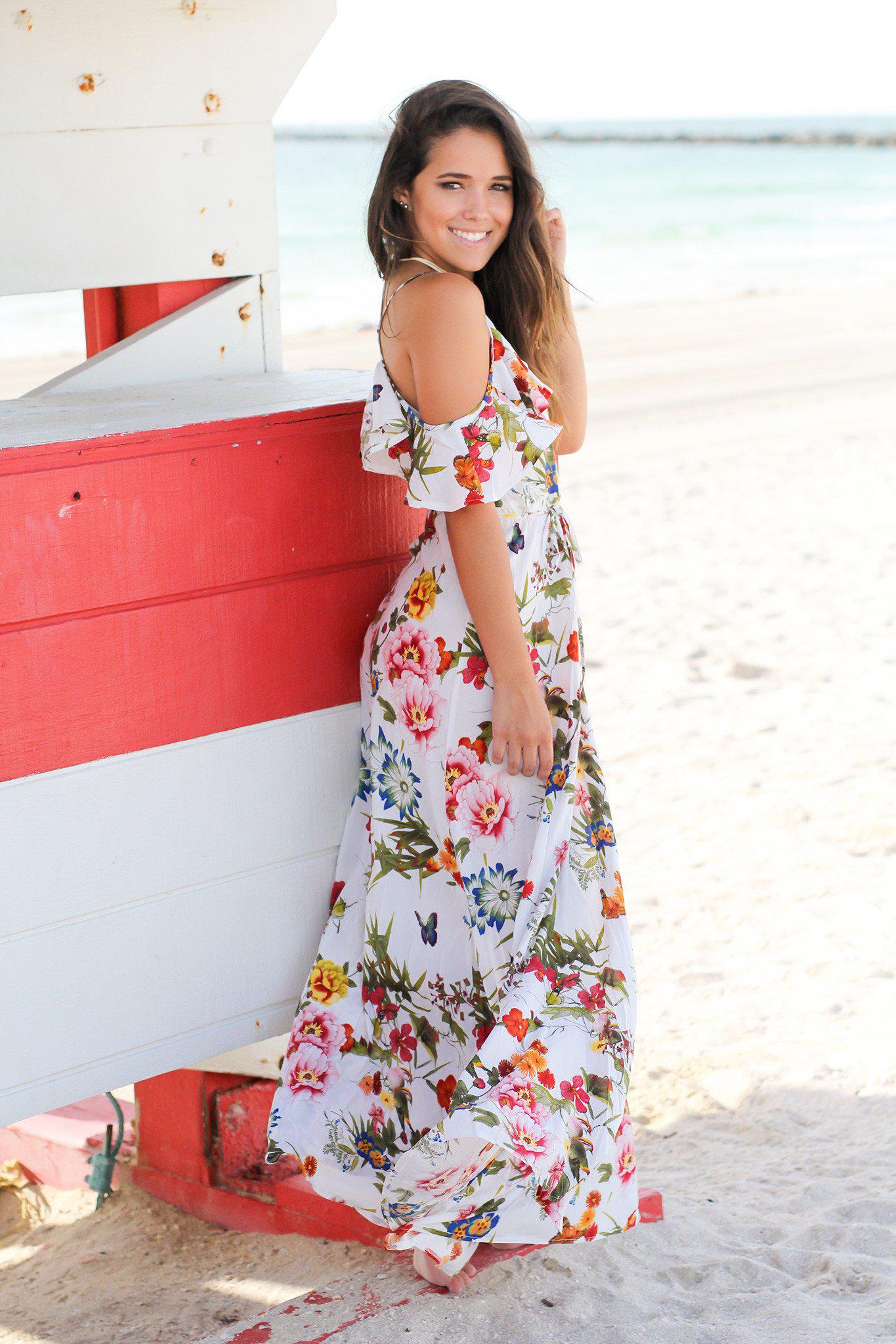 White Floral Wrap Maxi Dress with Ruffled Sleeves