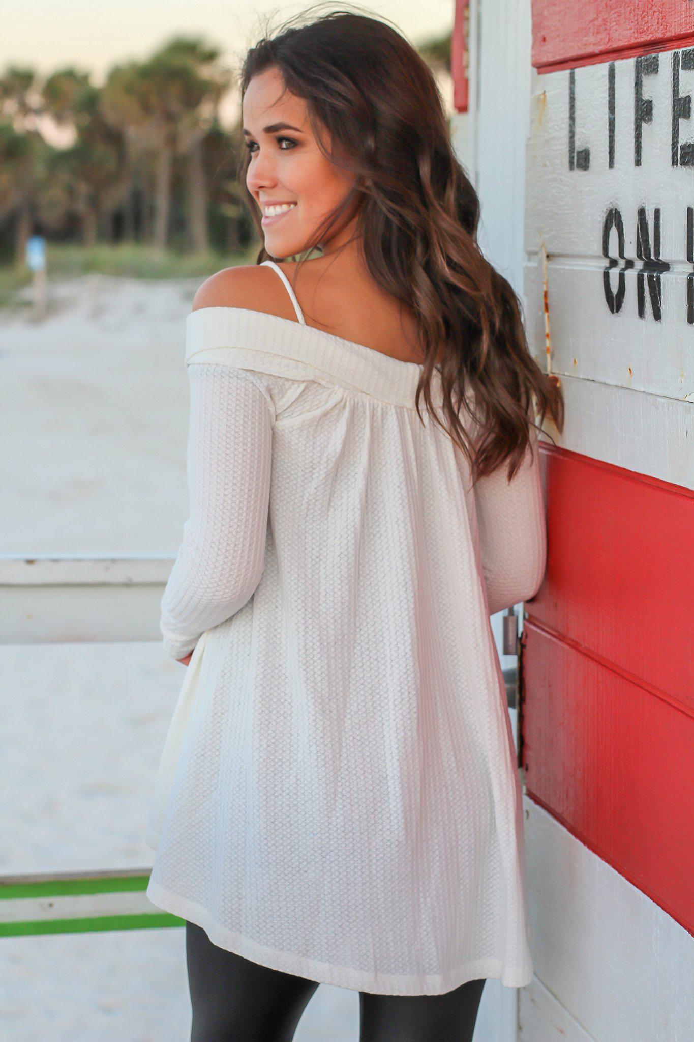 White Knit Off Shoulder Tunic